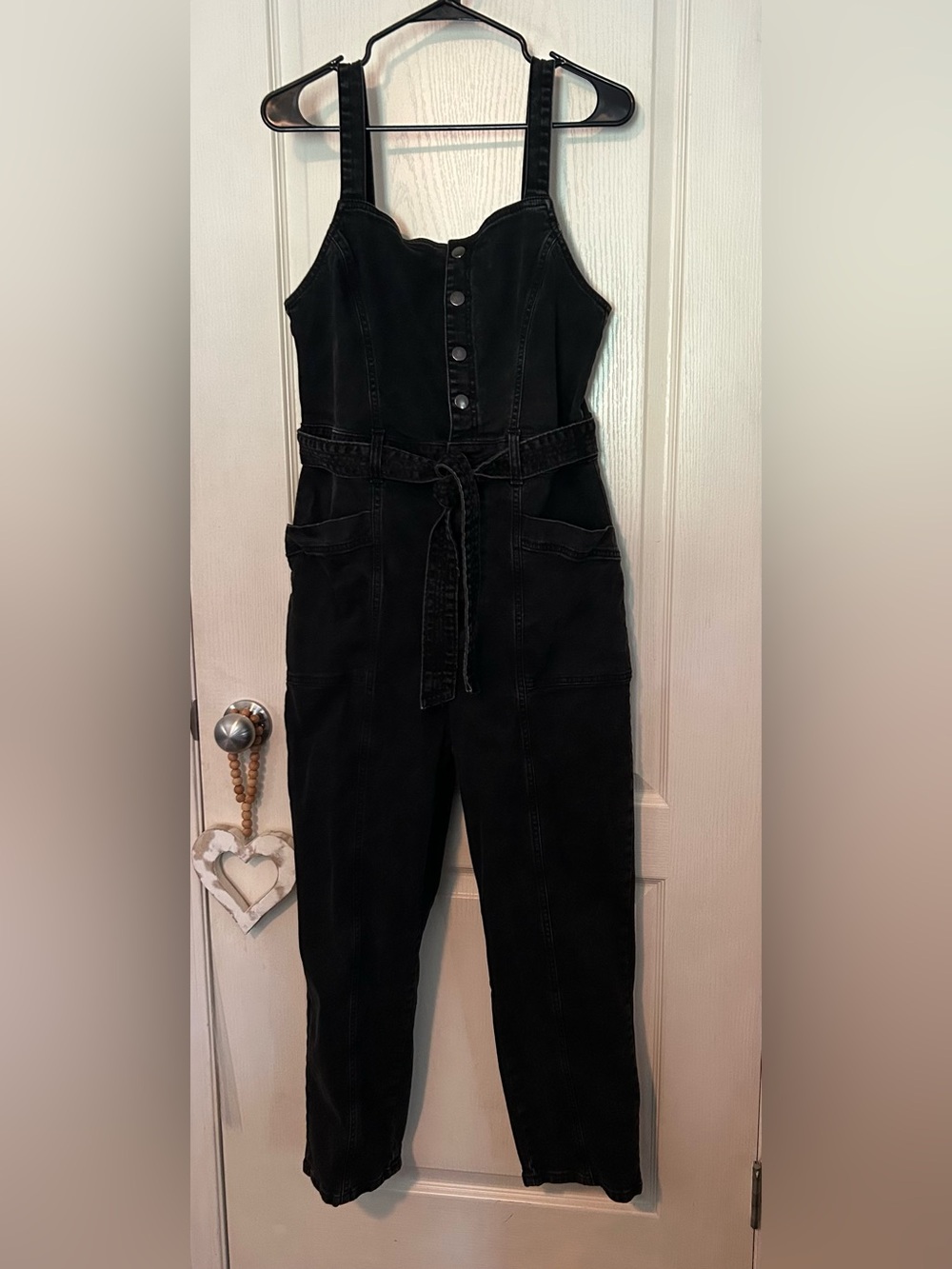 Smash + Tess x The Birds Papaya Black Button-Front Denim Jumpsuit with Tie Belt